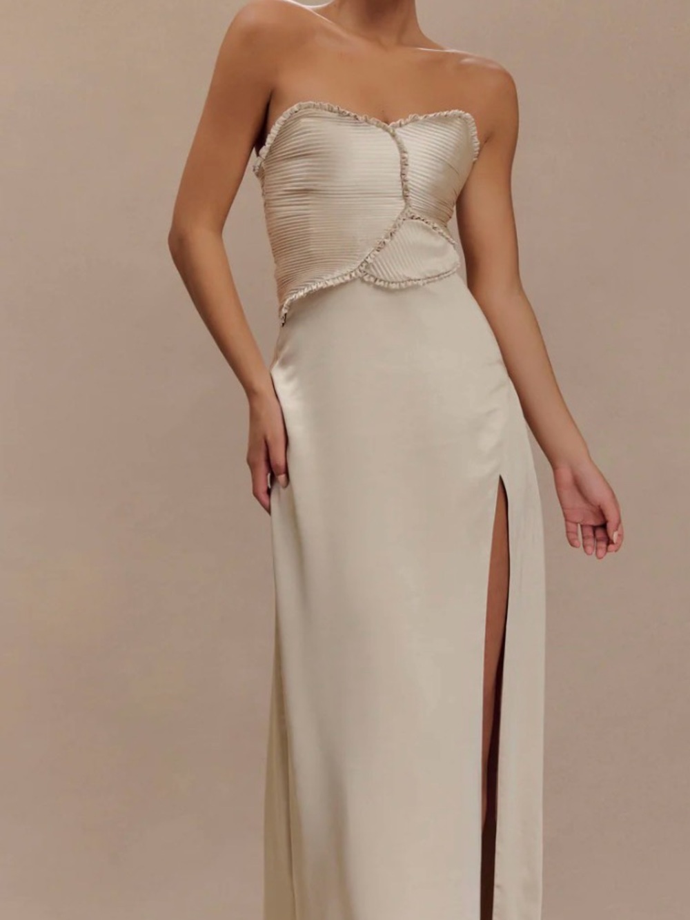 Meshki Cream Strapless Satin Maxi Dress with Side Slit
